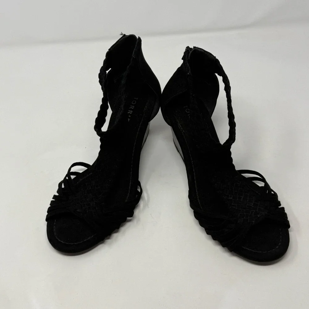 Torrid Black Braided T-Strap Midi Wedge Sandals Open Toe Back Zip  8W
